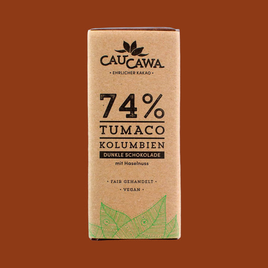 Caucawa Schokolade 74% mit Haselnuss Tumaco, Kolumbien